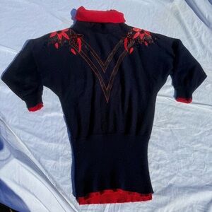 Vintage 1980s Embellished Turtleneck Sweater Dress Black Red Women’s